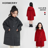 洋气 儿童双面呢纯羊毛大衣中大童连帽外套新年装 赫米童装 2025冬季