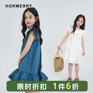 赫米童装 2025夏季儿童花边小飞袖方领连衣裙女童森系中长裙子