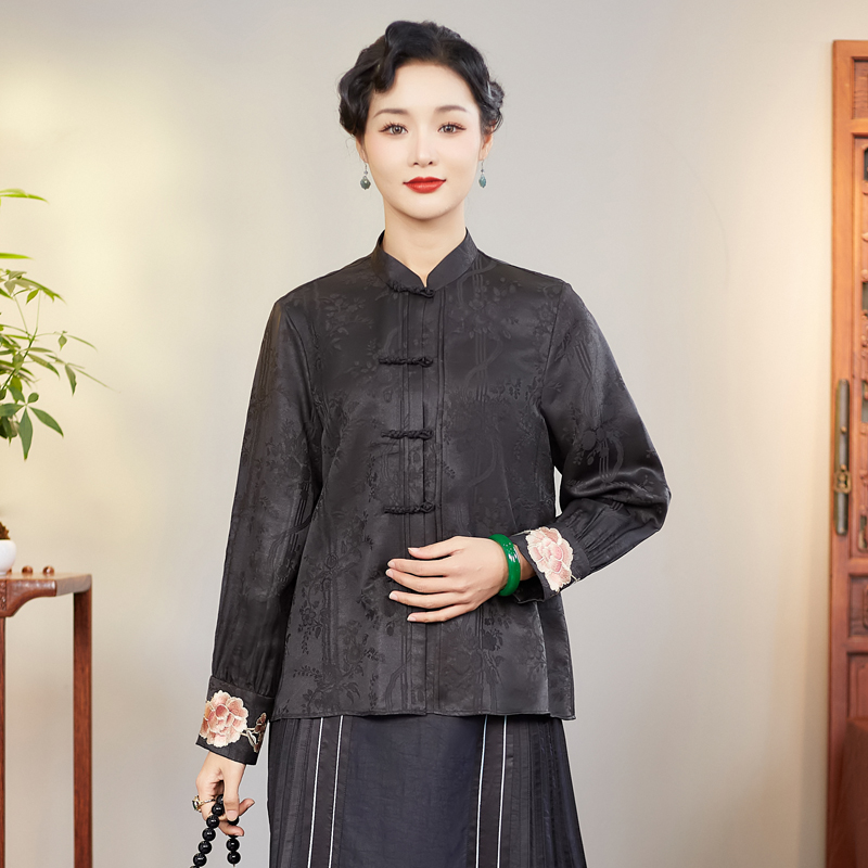 华族经典复古风真丝唐装衬衫女