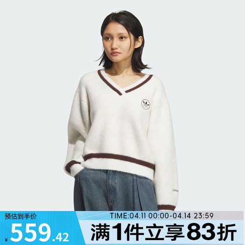 adidas阿迪达斯三叶草女子运动休闲千鸟格V领毛绒针织衫KC2687