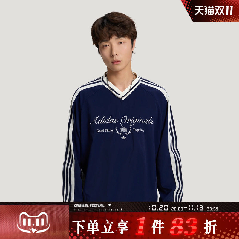 adidas阿迪达斯三叶草男子秋季宽松V领舒适运动休闲长袖T恤KW5666