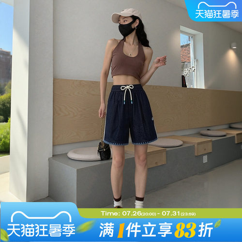 adidas阿迪达斯三叶草女子度假风宽松抽绳牛仔运动休闲短裤KX0747