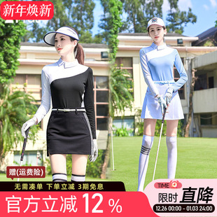 高尔夫球女士长袖 防晒速干衣T恤蓝黑色高领翻领运动上衣服装