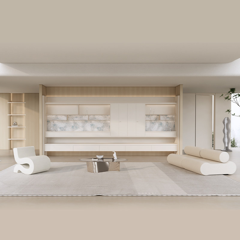 百得胜云曦奶油现代风全屋定制一门到顶欧松板圆弧形收口衣柜定制