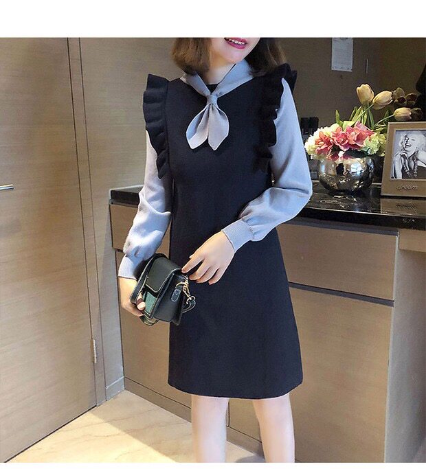 针织连衣裙春秋中长款甜美荷叶边假两件灯笼袖打底女毛衣|ruв категории Женская одежда, свитер - от Buy2taobao.com для оказания профессиональной услуги покупки агента Taobao