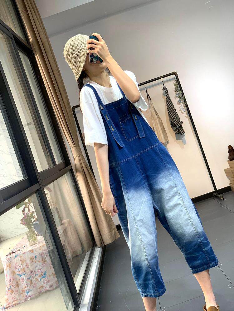 夏季文艺休闲宽松连体裤个性磨白复古潮流大码牛仔背带裤女九分裤
