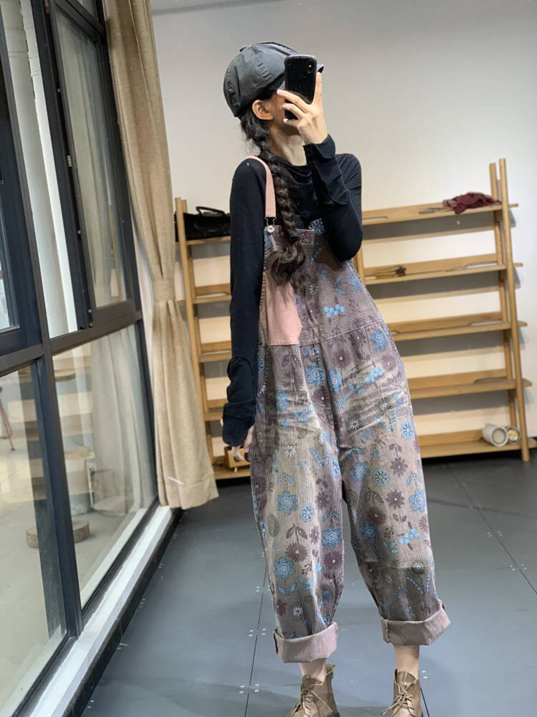 宽松减龄个性拼布条纹吊档裤复古潮流文艺休闲印花背带裤女九分裤
