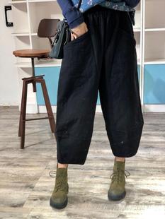 夹棉休闲裤 冬季 百搭显瘦纯色大码 文艺拼接宽松加厚亚麻哈伦裤 韩版