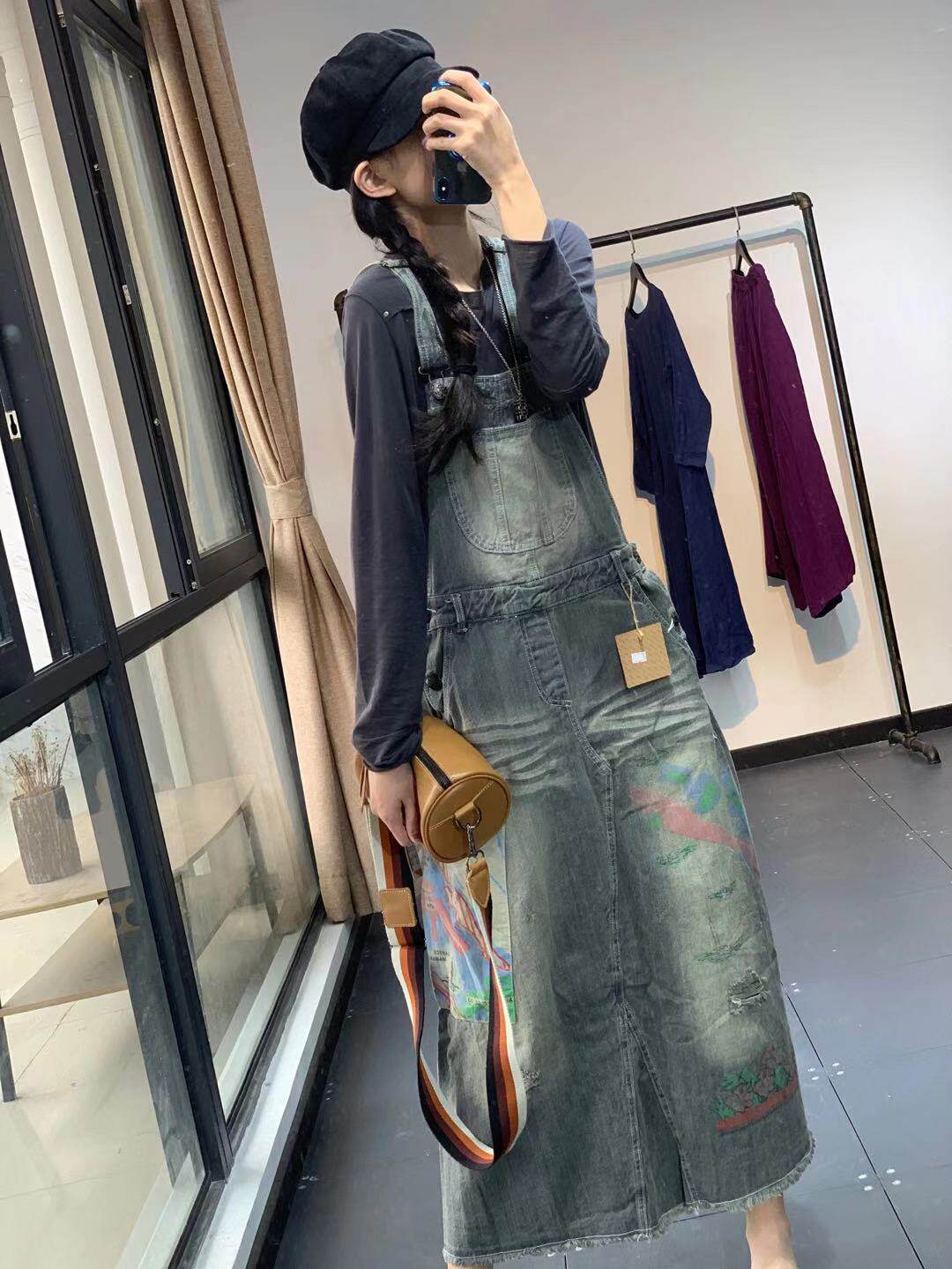 文艺贴布做旧休闲风牛仔背带裙