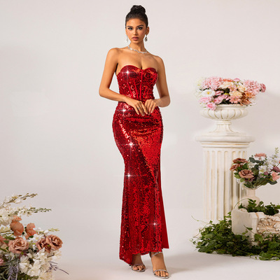 欧美中东INS纯色V领亮片抹胸高腰开叉晚礼服鱼尾裙长裙连衣裙