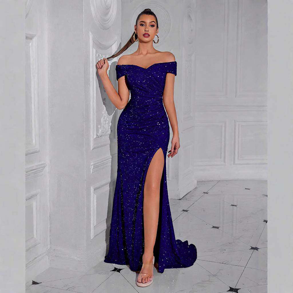 欧美亚马逊新款派对晚礼服聚会亮片一字领开叉连衣裙敬酒礼服