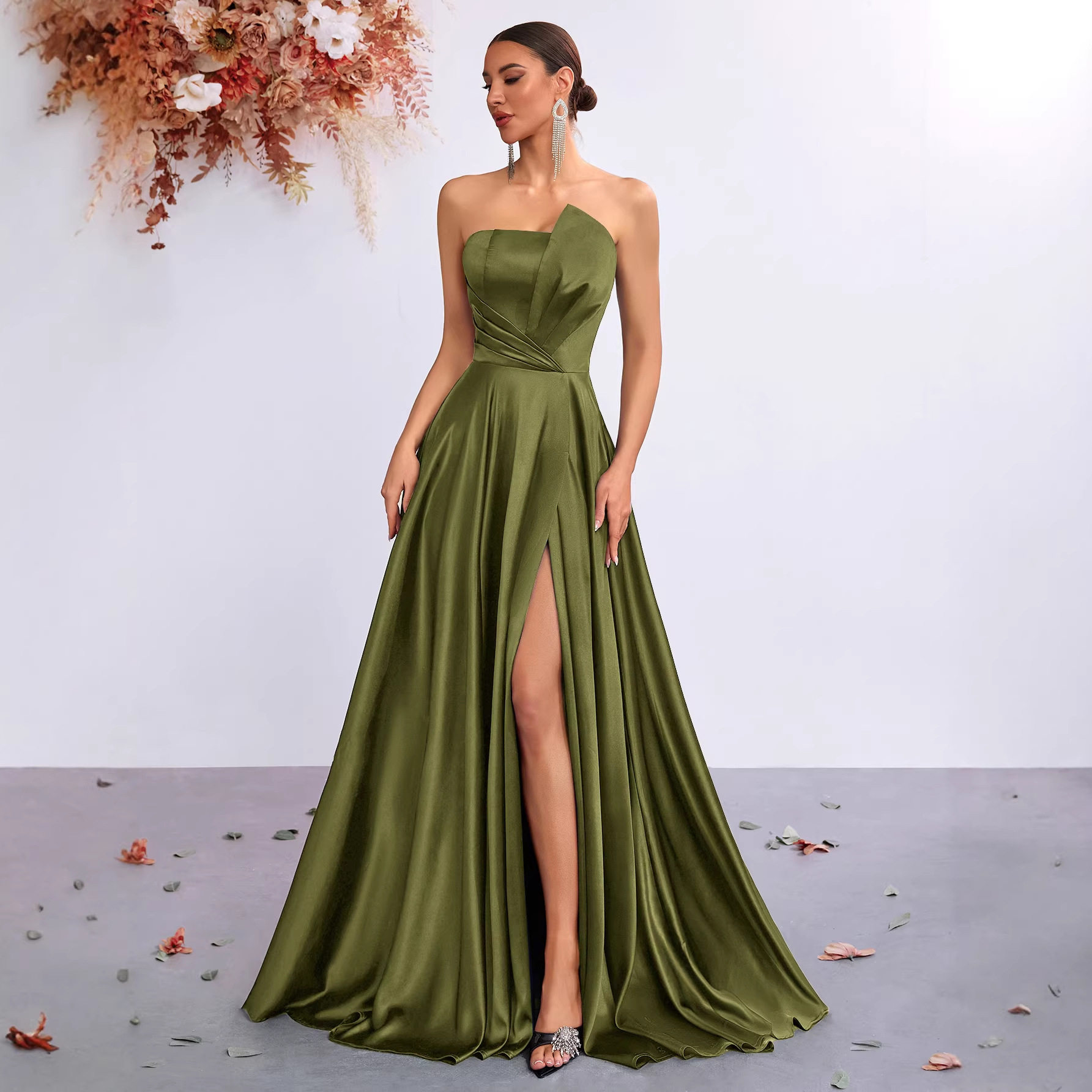 欧美新款性感修身抹胸优雅收腰开叉连衣裙 高级感宴会派对晚礼服