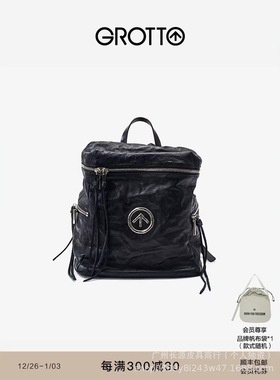 GROTTO个乐女包无性别主义褶皱意大利黑石背包水波纹箭头大容量包