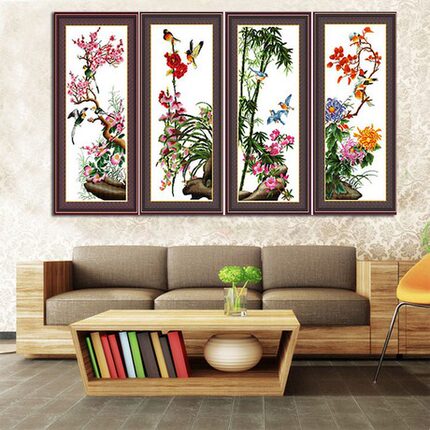 梅兰竹菊鸟语花香十字绣2026新款四君子四联画客厅书房挂画小手工