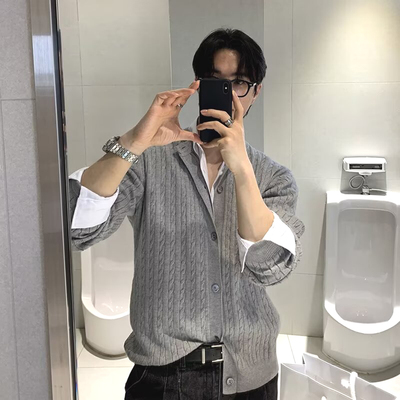 美式针织开衫男麻花扭绳修身长袖