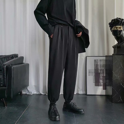配马丁靴的裤子男高街ins潮束脚裤秋冬加绒小西裤黑色休闲九分裤