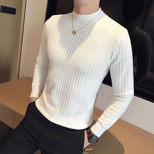 半高领包芯纱针织衫男提花肌理感紧身长袖卫衣中领浮雕打底羊毛衫