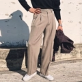 Khaki Trousers with Hidden Button and Elastic Waistband