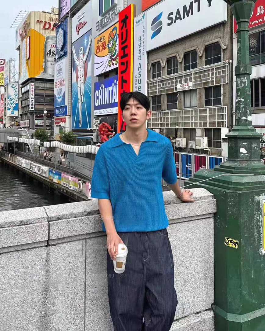 韩风v领镂空冰丝针织polo衫男美式潮牌宽松短袖透视装翻领t恤潮