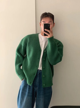 韩风chic绿色针织开衫男包芯纱修身卫衣外套v领排扣羊毛工装夹克