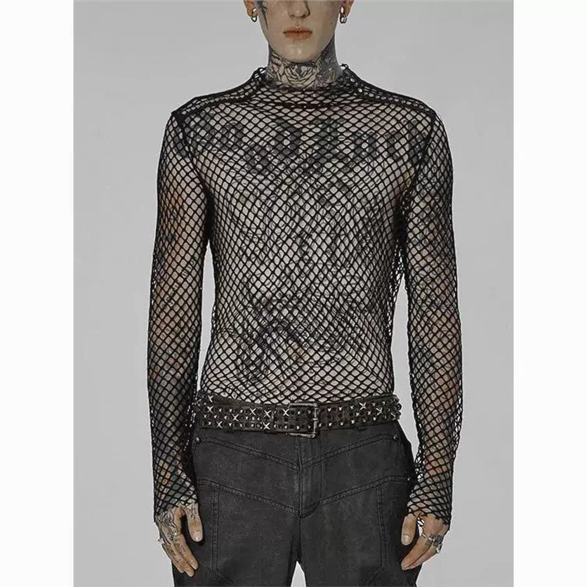 欧美性感透视镂空t恤男圆领网格长袖罩衫夜店舞台表演网纱洞洞服