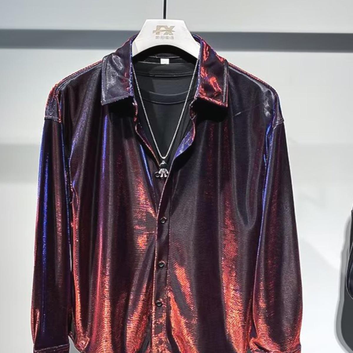 亮面反光缎面衬衫男液态炫彩长袖