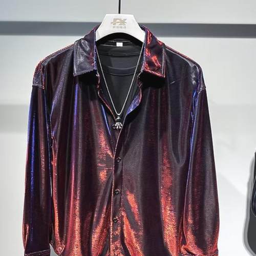 亮面反光缎面衬衫男液态炫彩长袖