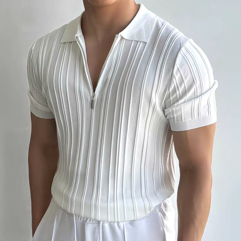 欧美半拉链polo衫男凉感透气修身短袖卫衣丝光棉冰丝工装马球衫潮