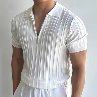 马球衫 欧美半拉链polo衫 卫衣丝光棉冰丝工装 男凉感透气修身 潮 短袖