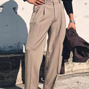 意式那不勒斯工装西裤男巴黎扣宽松直筒长裤廓尔格暗扣西服西装裤