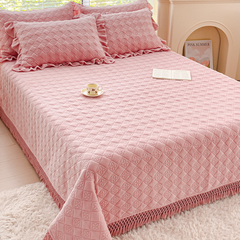 冬天加绒牛奶绒床盖单件冬季加厚保暖珊瑚绒夹棉床裙床罩四三件套