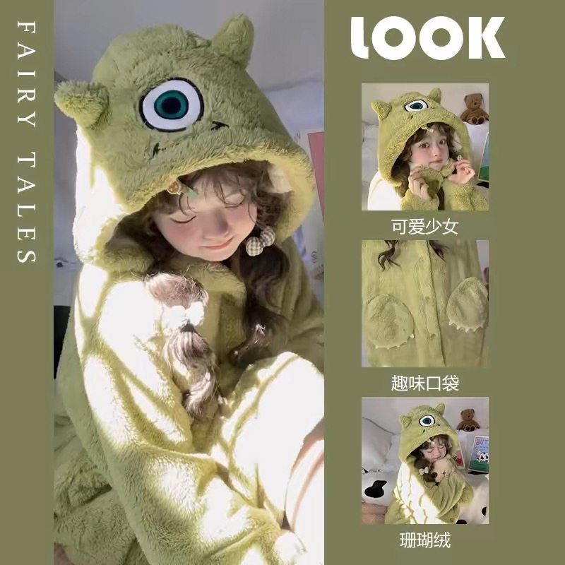 卡通儿童大眼仔睡袍秋冬季珊瑚绒加绒加厚中大童法兰绒家居服套装