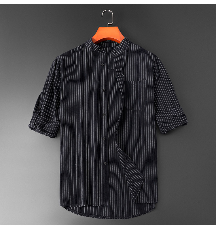 2023夏季新款立领男士衬衣条纹亚麻短袖衬衫潮学生装C1028，男装衬衫，星座1115-1