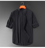 2023夏季新款立领男士衬衣条纹亚麻短袖衬衫潮学生装C1028，男装衬衫，星座1115-1