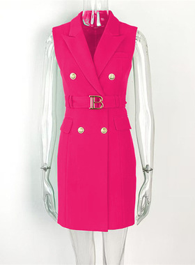 BENTIDEA 夏季高品质浅蓝色无袖西装领连衣裙系带收腰马甲连衣裙