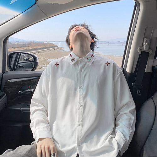 暗黑高街秋新刺绣翻领长袖衬衫男