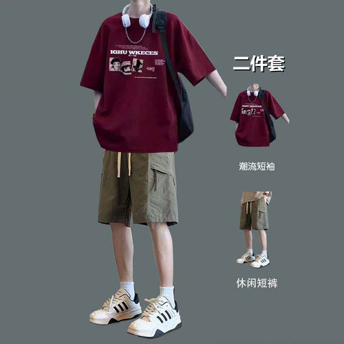 BENTIDEA 休闲套装男生夏季美式潮流宽松短袖t恤搭配工装短裤帅气