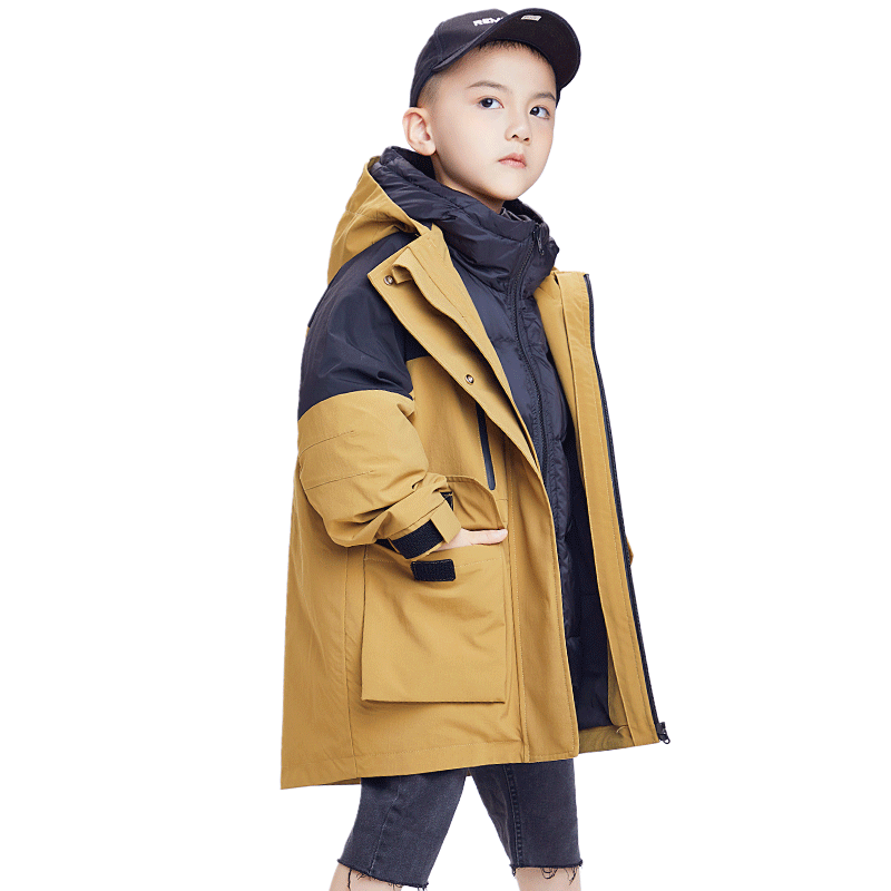 象老大男童羽绒服中长款洋气儿童冬季加厚外套大童宽松可拆两件套