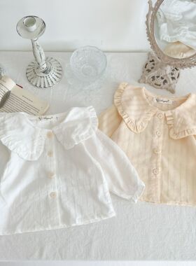 2023秋季新款婴幼儿简约时尚衬衫女宝宝白色娃娃领甜美百搭长袖上