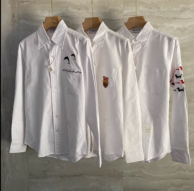 代购春季新款TB牛津纺纯棉男女同款情侣长袖衬衫海洋海豚刺绣衬衣