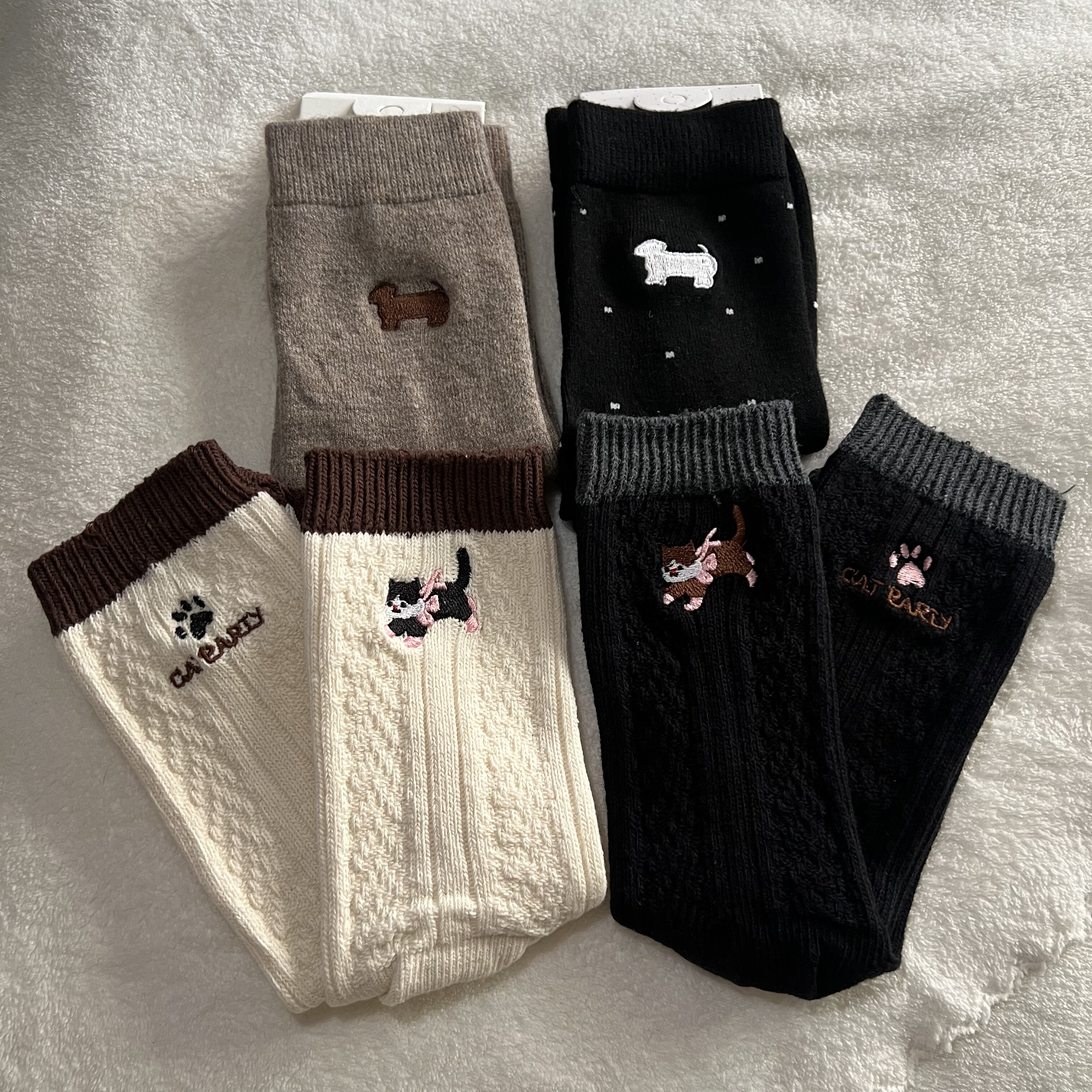 秋冬韩版猫猫狗狗系列女袜 刺绣中筒厚袜子英伦风粗线针织堆堆袜