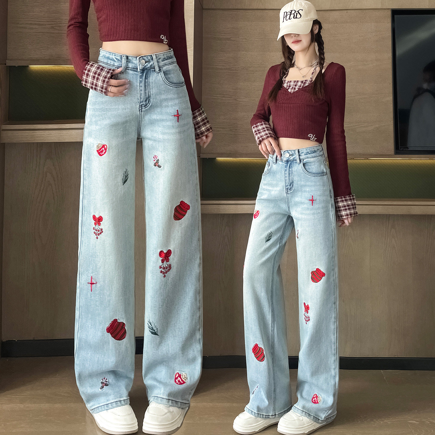 欧货刺绣花窄版直筒牛仔裤女春秋季2026新款高腰宽松潮阔腿拖地裤