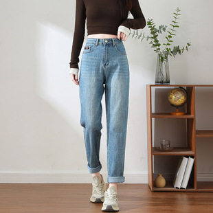 胖mm萝卜老爹裤 高腰小个子宽松大码 女冬加厚绒2025新款 哈伦牛仔裤