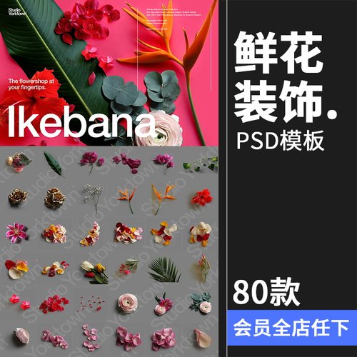 艺术鲜花花卉花瓣玫瑰树叶装饰元素插画PSD分层源文件模板PS素材