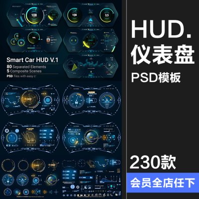 新能源智能汽车自动驾驶仪表盘屏幕HUD概念车机UI组件PSD模版素材