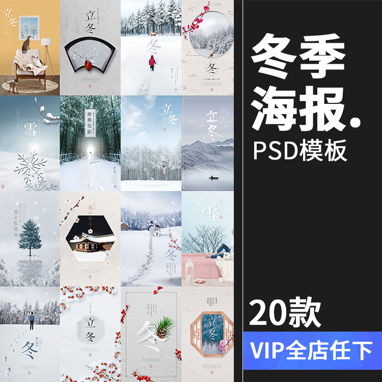 唯美冬季立冬节气下雪寒冷松树雪地风景创意海报psd