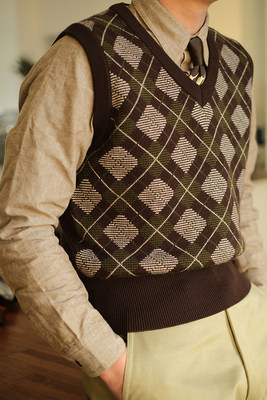 英式复古马甲Argyle Knit Vest40年代重叠菱形格纹针织羊毛背心男