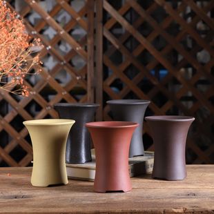 宜兴紫砂花盆特价盆景手工植物小号多肉盆景有孔菖蒲盆收腰圆筒盆