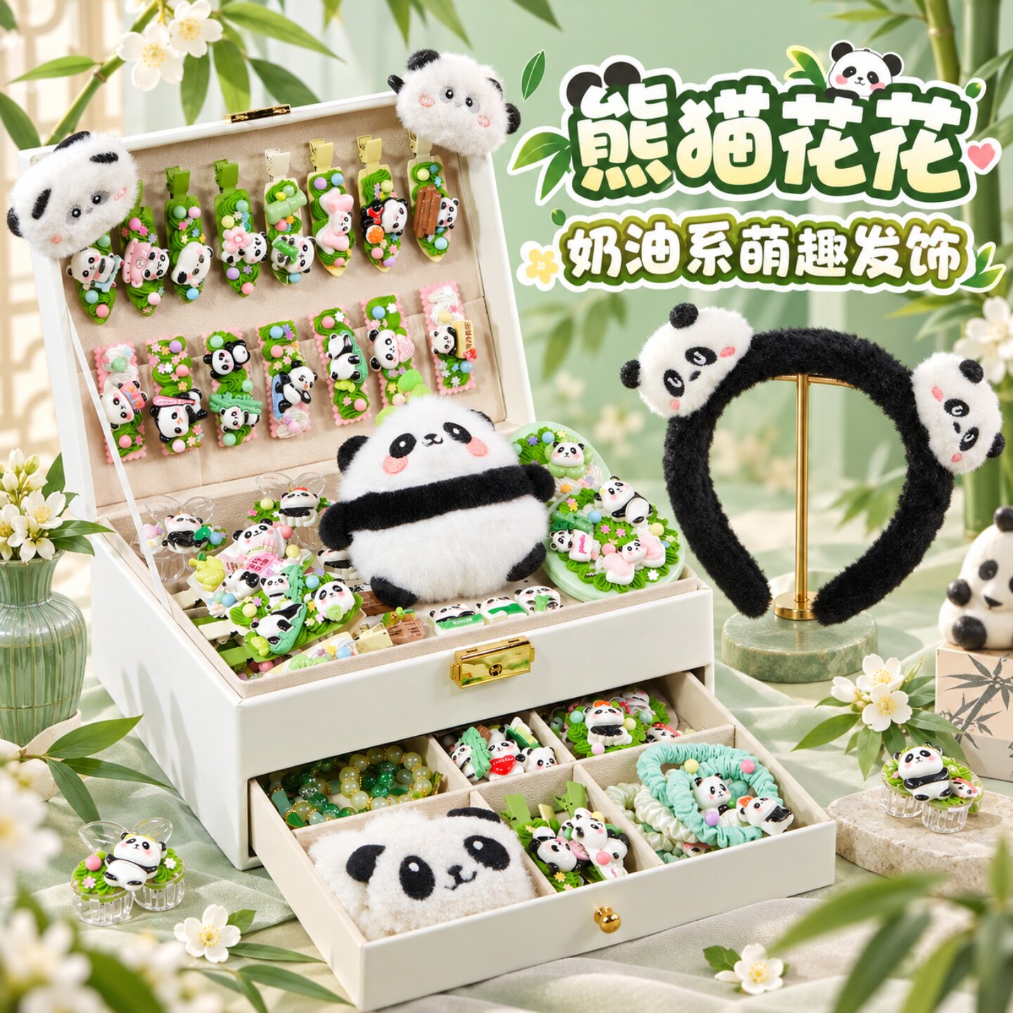 女童熊猫奶油胶发饰礼盒3-6岁