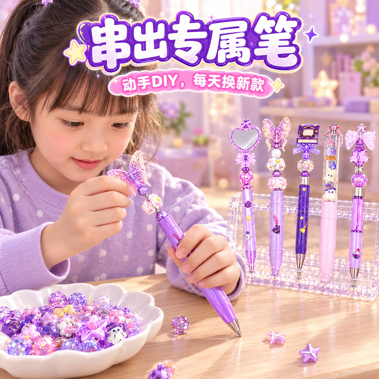 新款女孩DIY魔法咕串笔萌粒串珠材料套装创意手工自制圆珠笔礼物